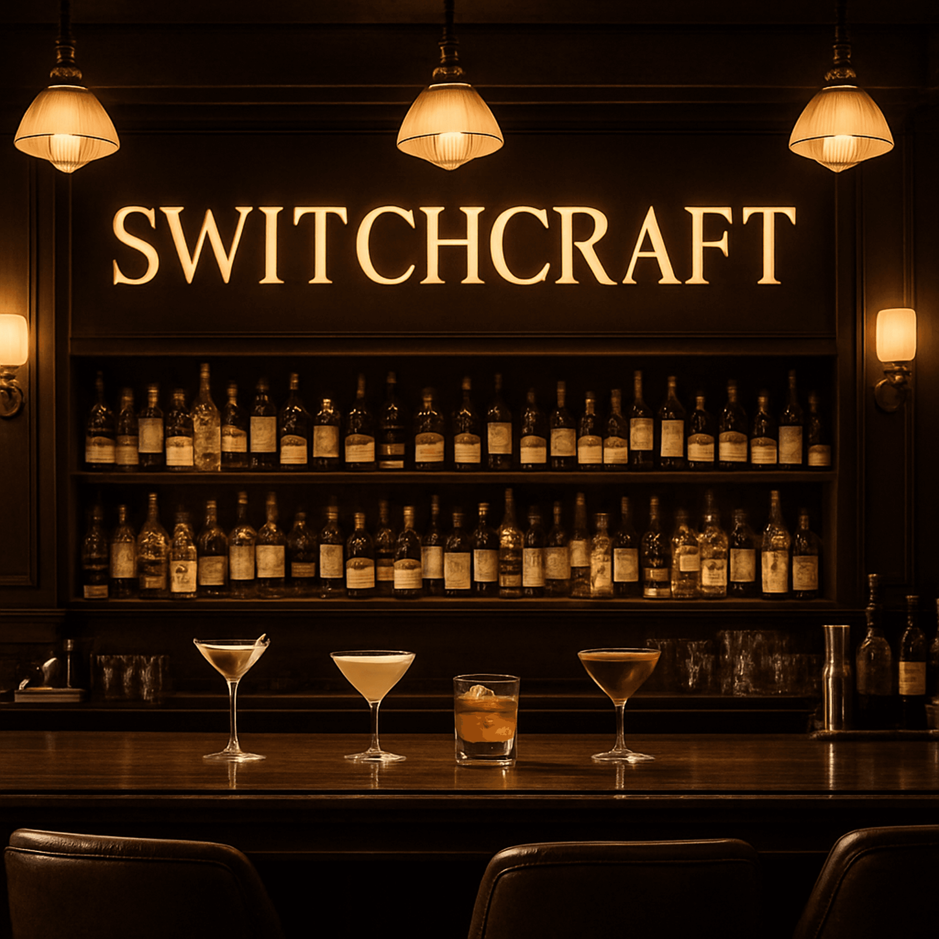 Switchcraft bar interior with elegant lighting and cocktail setup