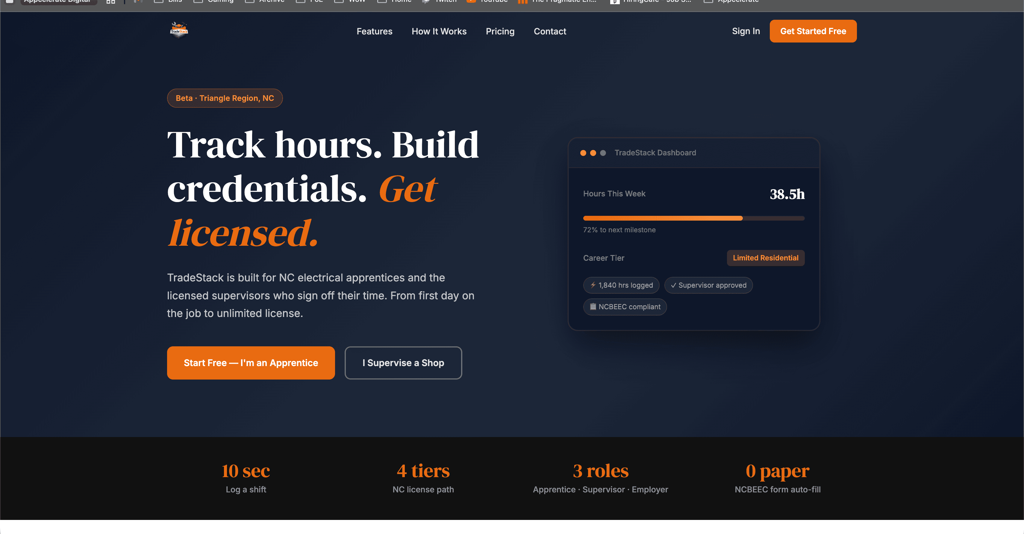 Trade Stack apprenticeship tracking app dashboard